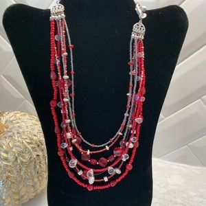 Chico’s red, silver and crystal multi strand necklace.